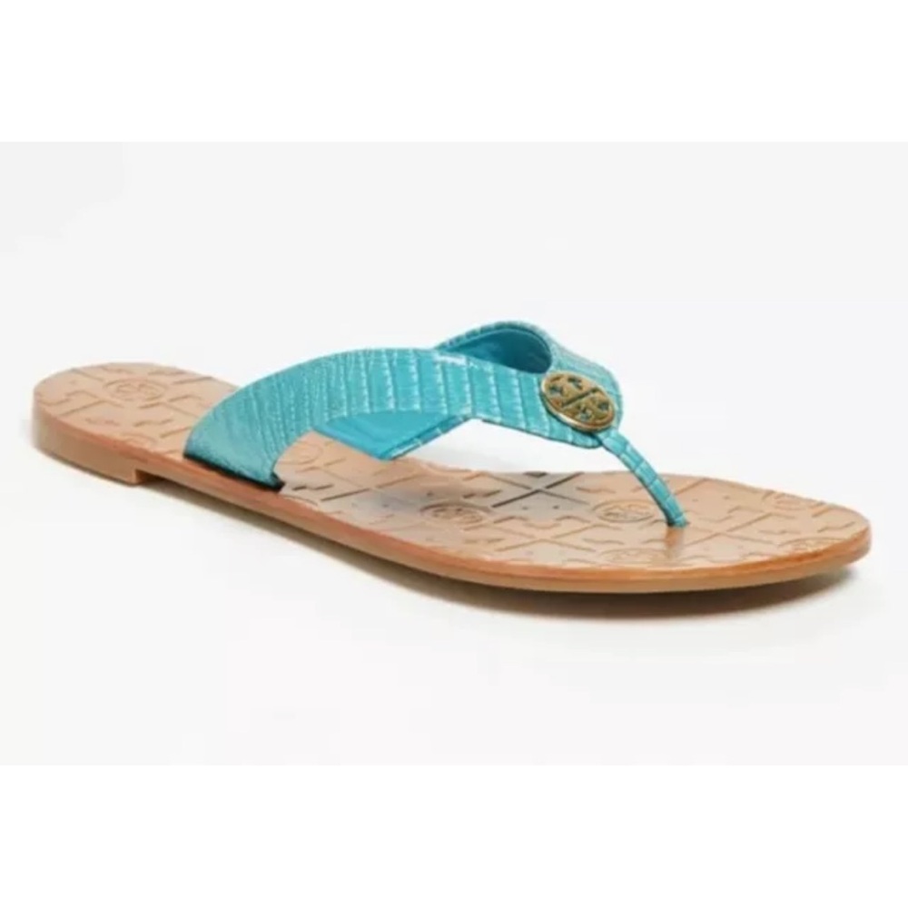 Tory‎ Burch THORA Patent Flip Flops Sandals Shoes-turquoise Aqua  Lizard